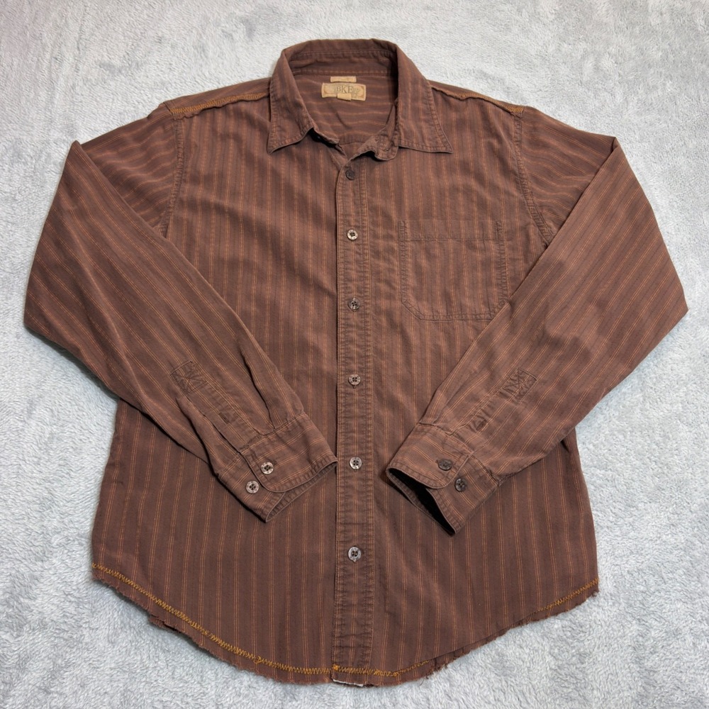 BKE Button Down Shirt Mens Medium Brown Pinstripe Contour Fit Raw Hem 111001AM